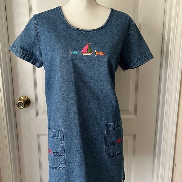 CB Casual Blue Midi Dress Scoop Neck Short Sleeve - Picture 3 of 15